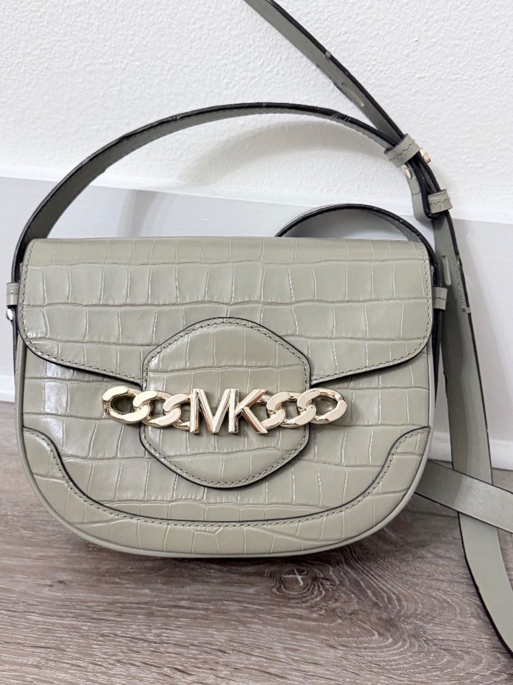 NWT Michael Kors Hally Medium Saddle Messenger Dusty Sage Embossed Leather